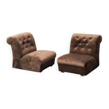 Pair of brown velvet armchairs from the 1970s vintage modernism