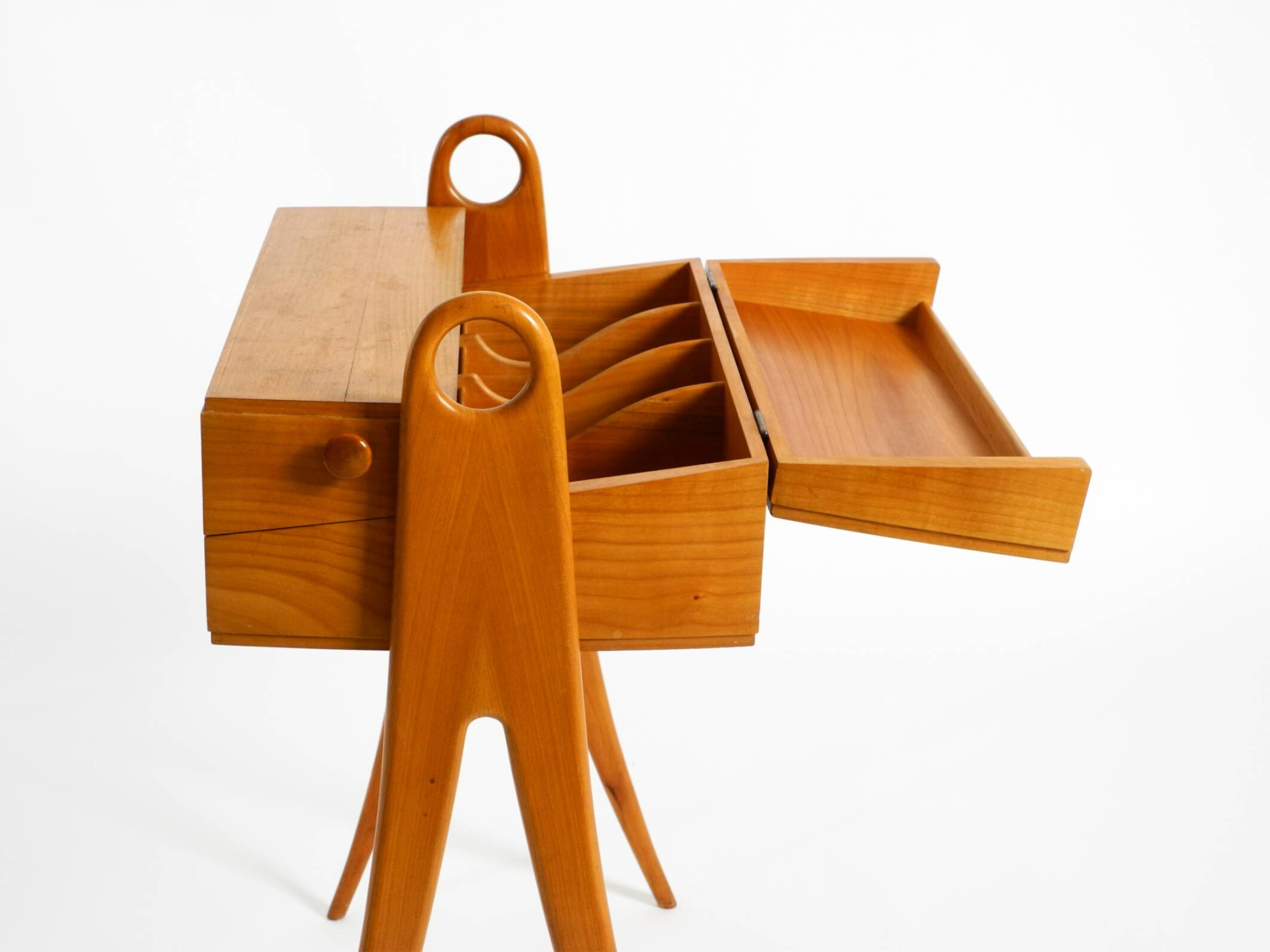 1950s ash wood sewing box, with a hinged top, multiple compartments