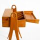 1950s ash wood sewing box, with a hinged top, multiple compartments