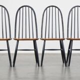 Set of 4 vintage wooden design chairs with black spindle backrest and brown seat