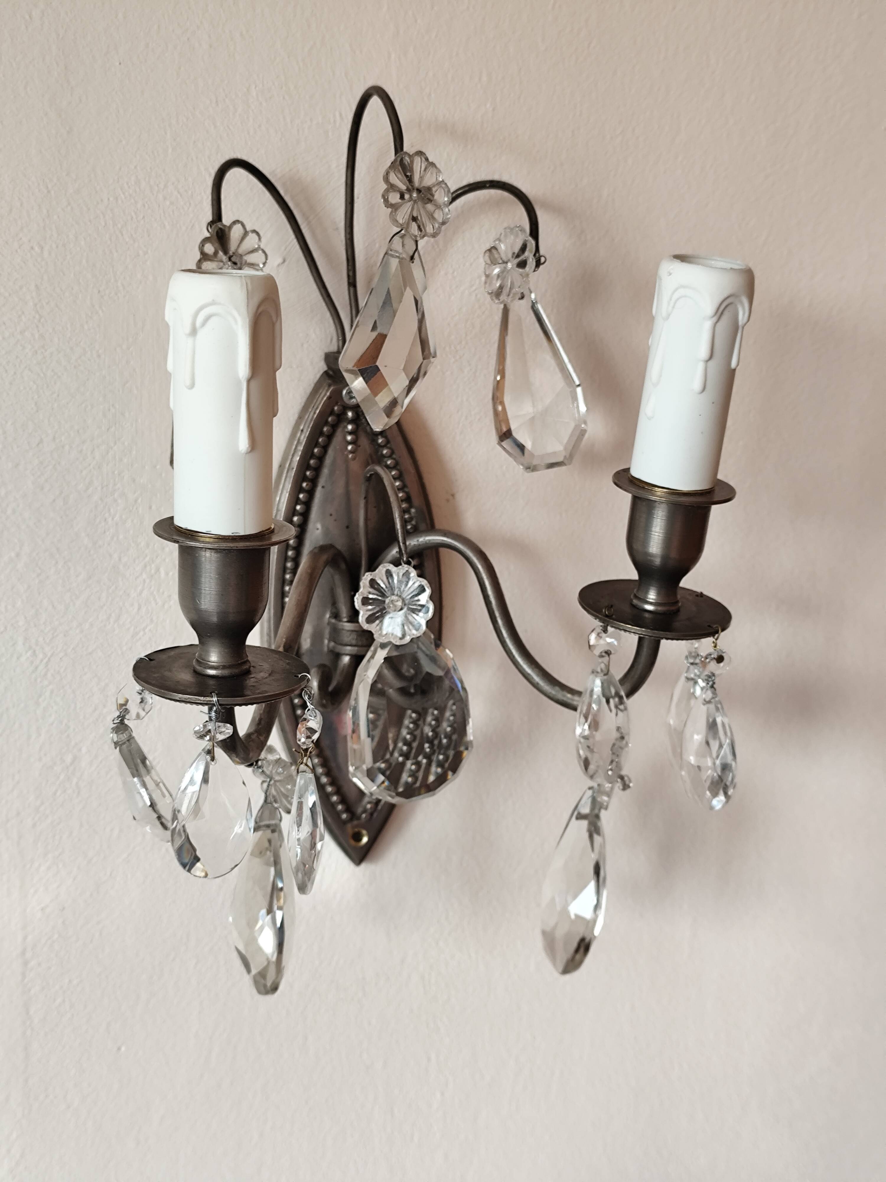 Wall light in tinned brass and crystal pendants - rococo light 2 lights