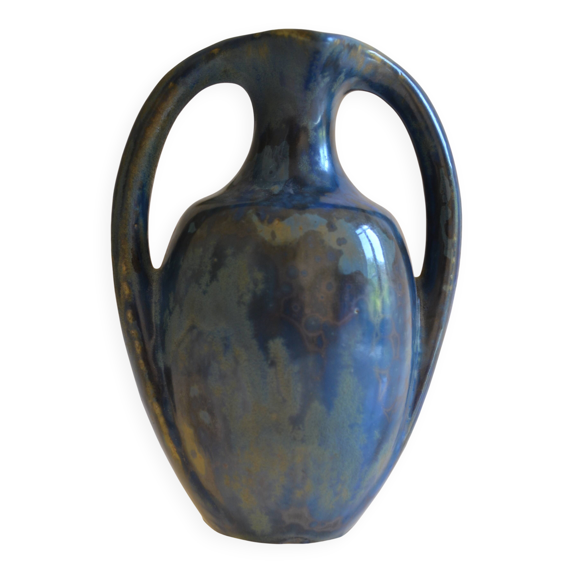 Iridescent Pierrefonds stoneware amphora vase, Art Deco, 1930, signed