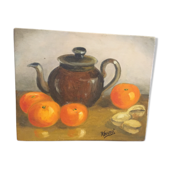 Oil on still life panel with a teapot and fruit signed R.JEUNOT