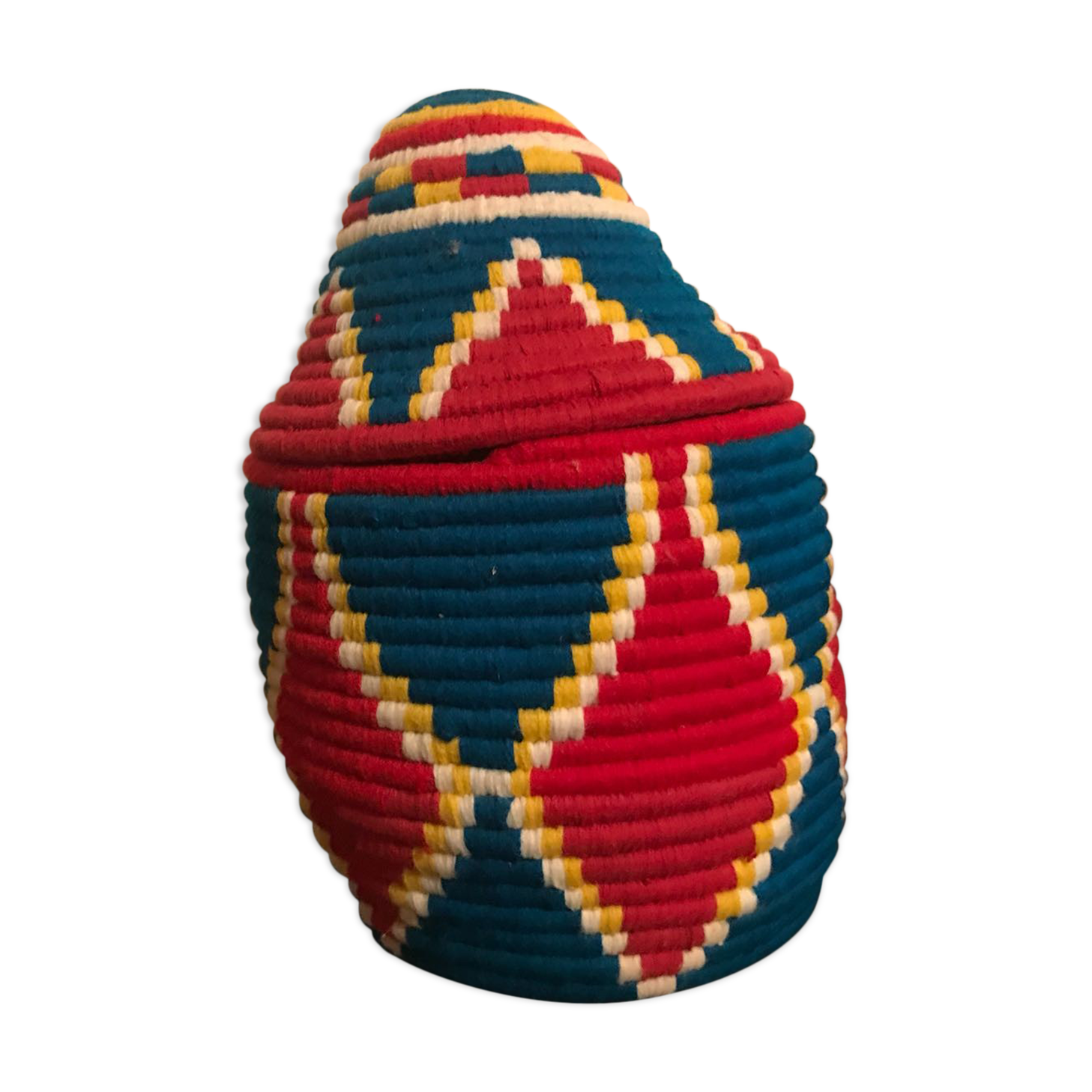 Berber wool and green and Red raffia basket