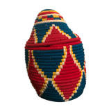 Berber wool and green and Red raffia basket