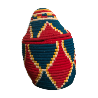 Berber wool and green and Red raffia basket