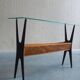 1950s Italian ebonized console table with glass top & lattice basket
