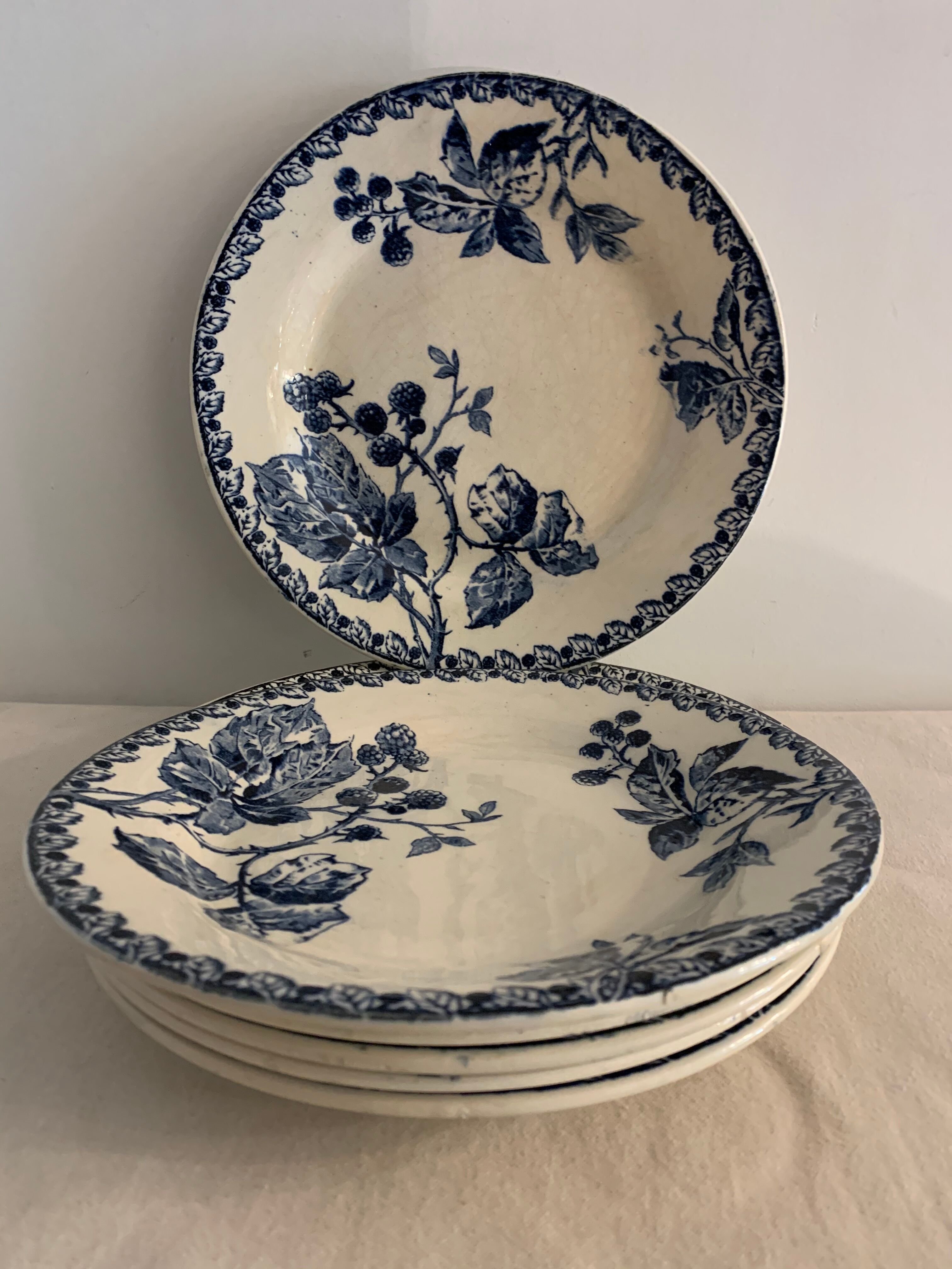 Series of 6 old flat plates in blue earthenware from Gien Iron Earth mature model