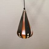 Hanging lamp in thin metal pieces, copper colored and black with prisms.