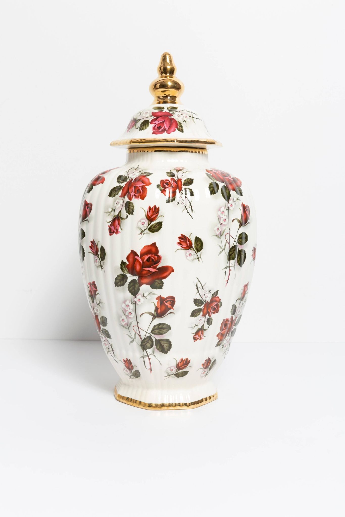 Large hand-painted ceramic vase with roses, sweet box, 20th century, Belgium, 1960s.