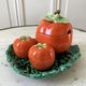 Set in tomato and leaf slurry (sausage maker, salt shaker, pepper tree and tray) vintage