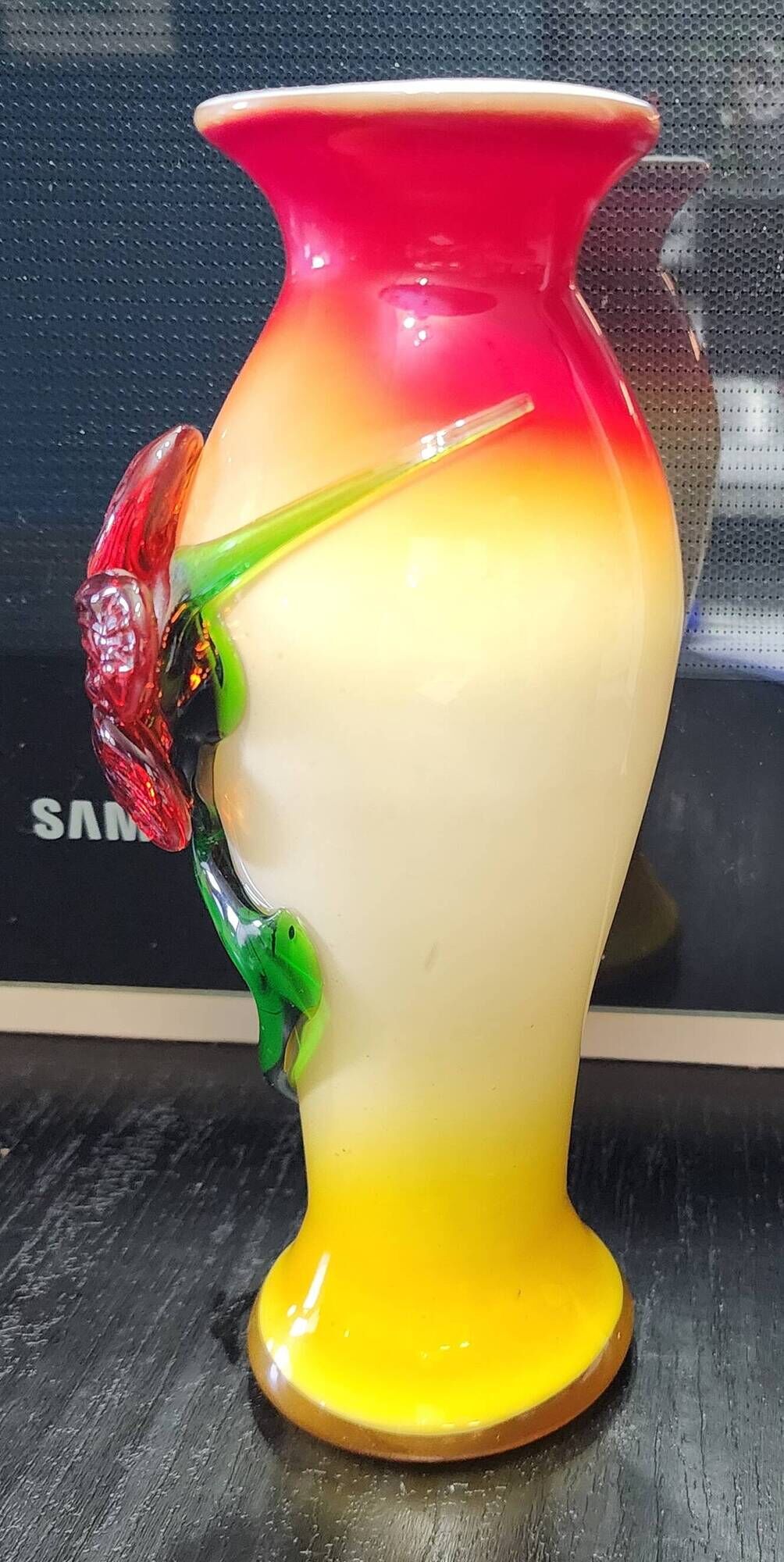vintage vase glass gradient red yellow relief flower 22cm