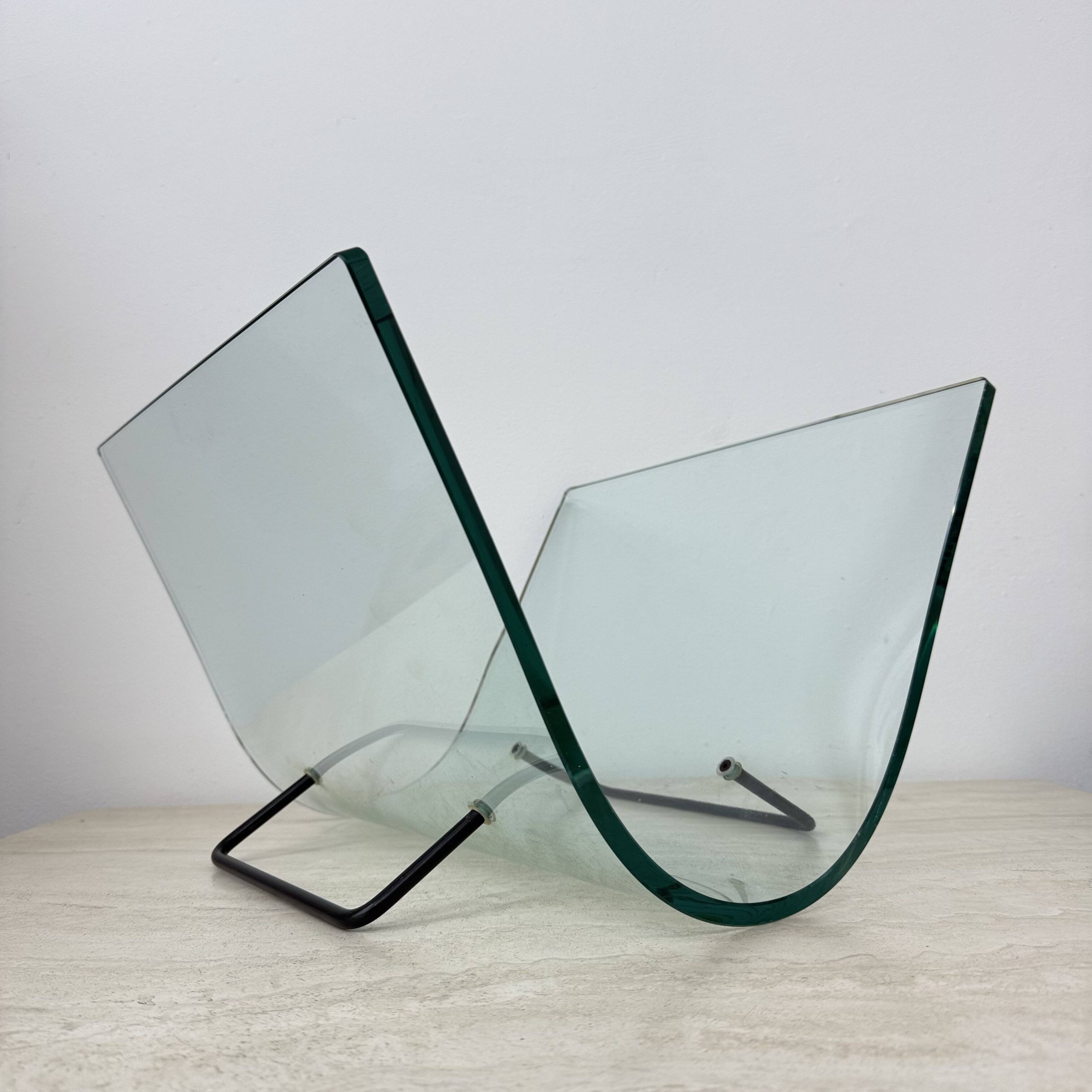 Post modern Fiam Italy curved glass magazine rack , 1980’s