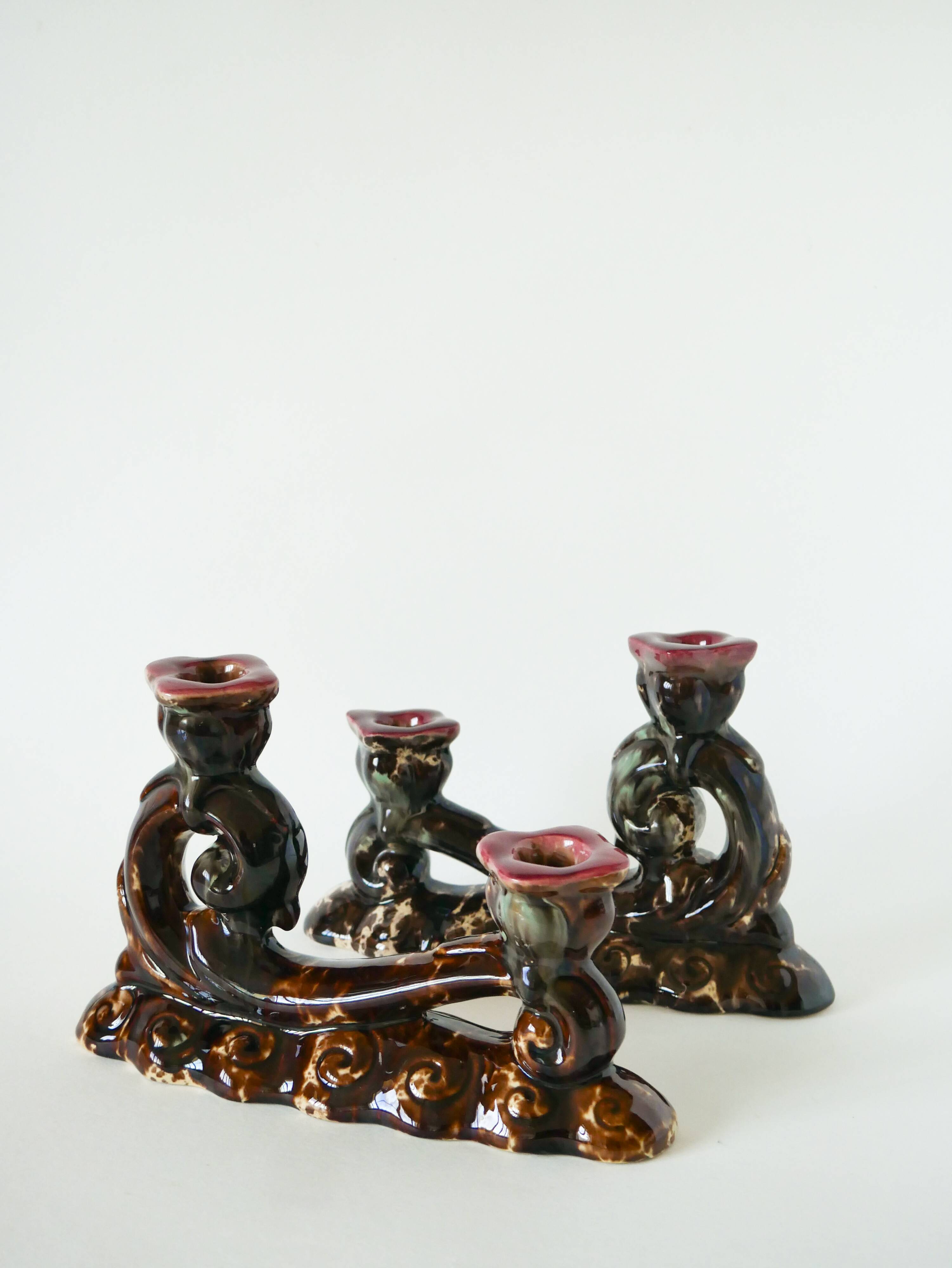 pair of double ceramic candlesticks, Brown & Pink, 1970