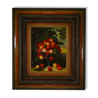 Oil painting on canvas Crystal with a bouquet of cherries by D. Obeniale 1950