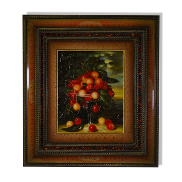 Oil painting on canvas Crystal with a bouquet of cherries by D. Obeniale 1950