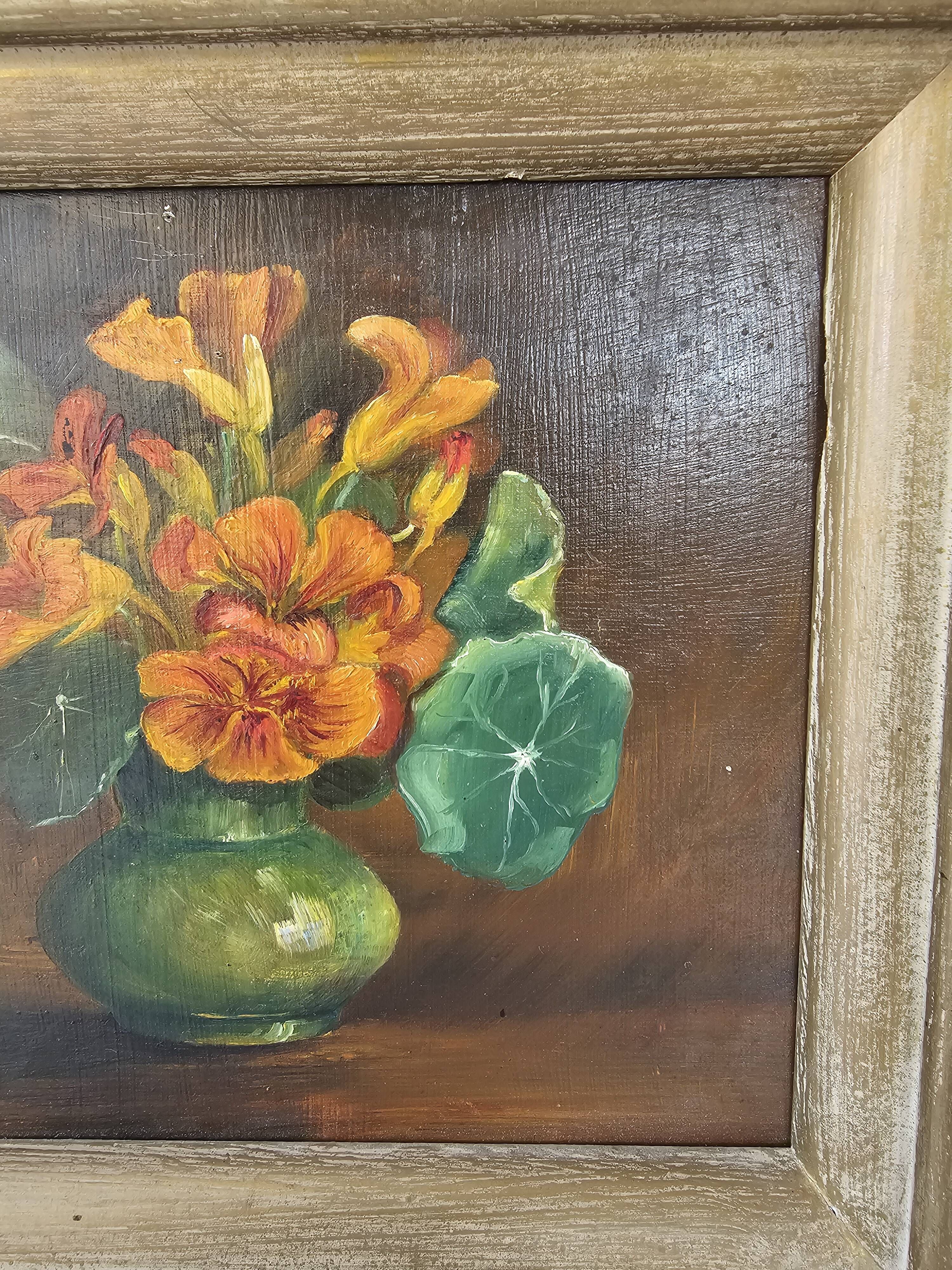 Tableau Huile sur Panneau bouquet de fleurs capucines dans vase Signé L. Fè