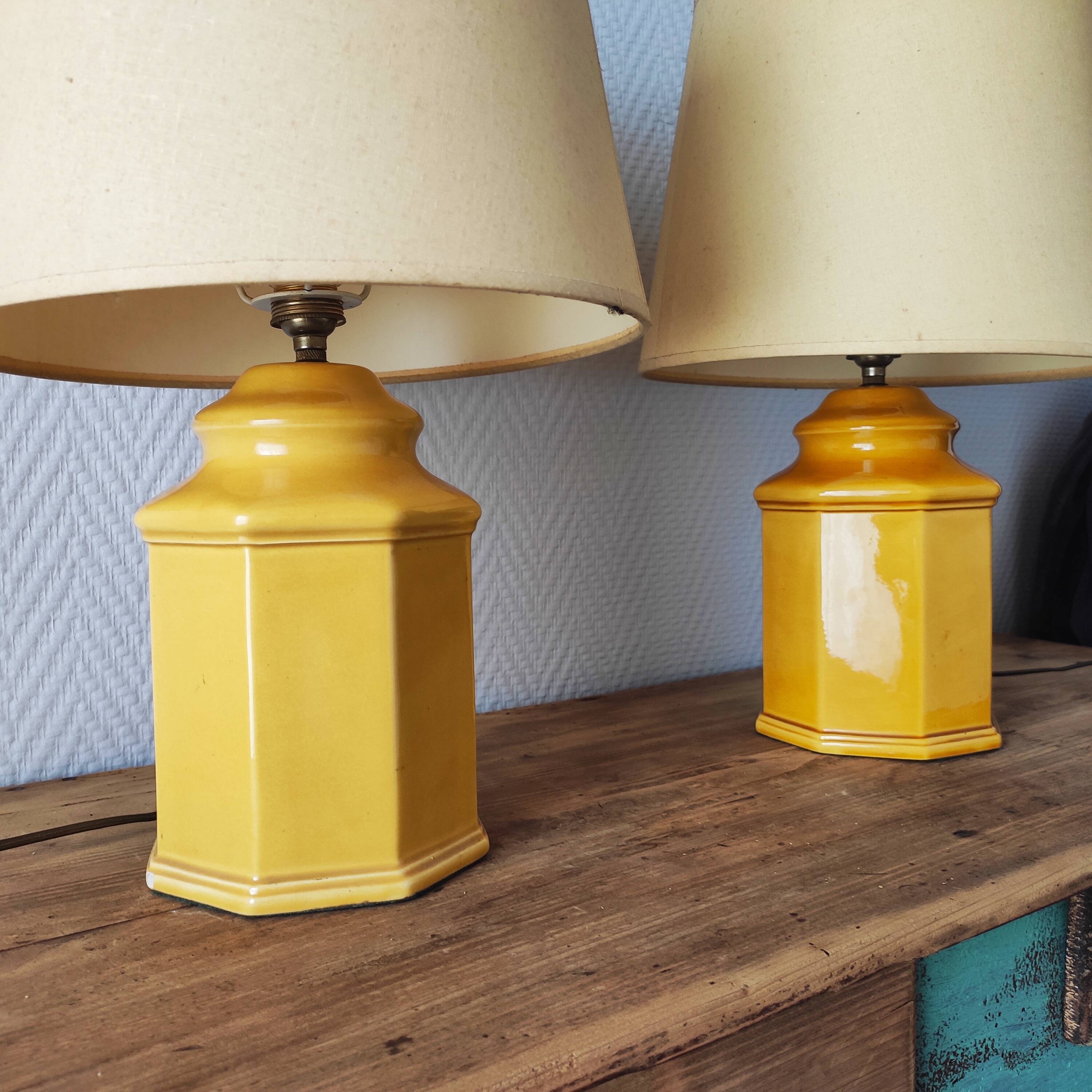 Pair of yellow ceramic lamps, 1980