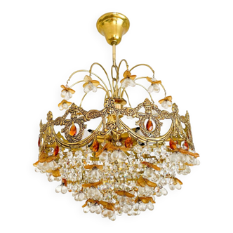 Lustre vintage exceptionnel en cristal style Murano orange, laiton, 5