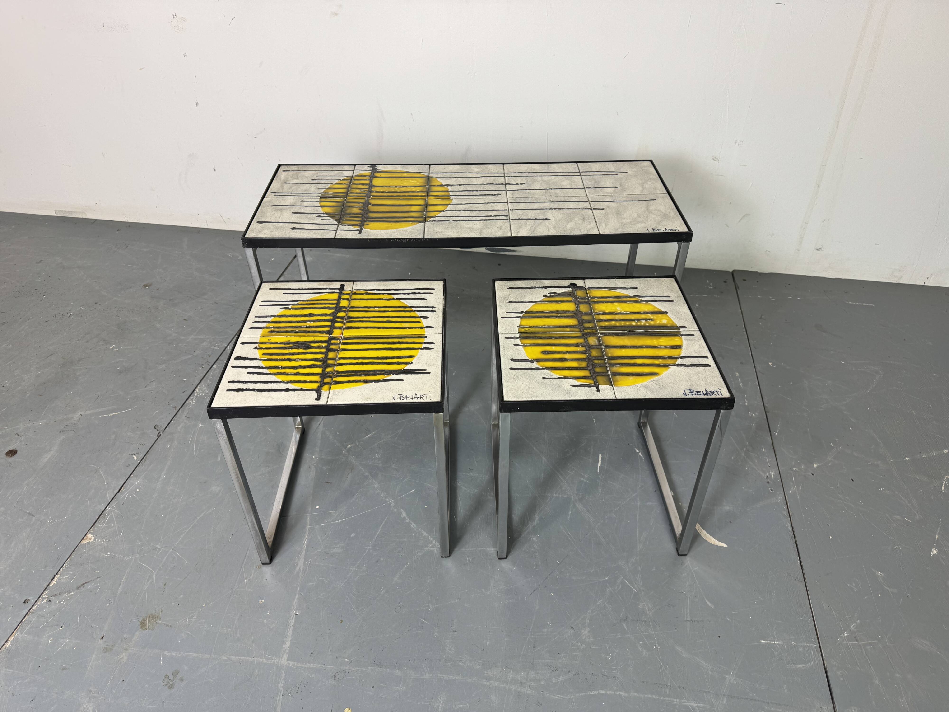 Mid Century Modernist Chrome and ceramic Belarti Coffee Side Table set 1950