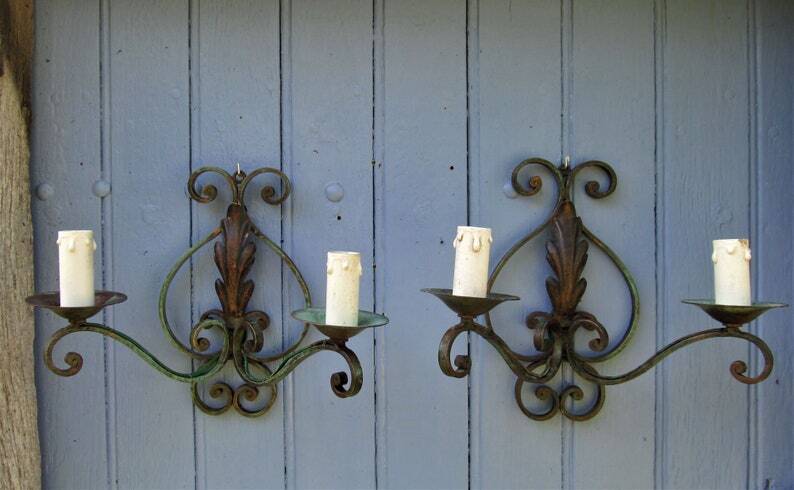 Art Deco Wrought Iron Wall Sconces: French Tole Twin Arm Lights