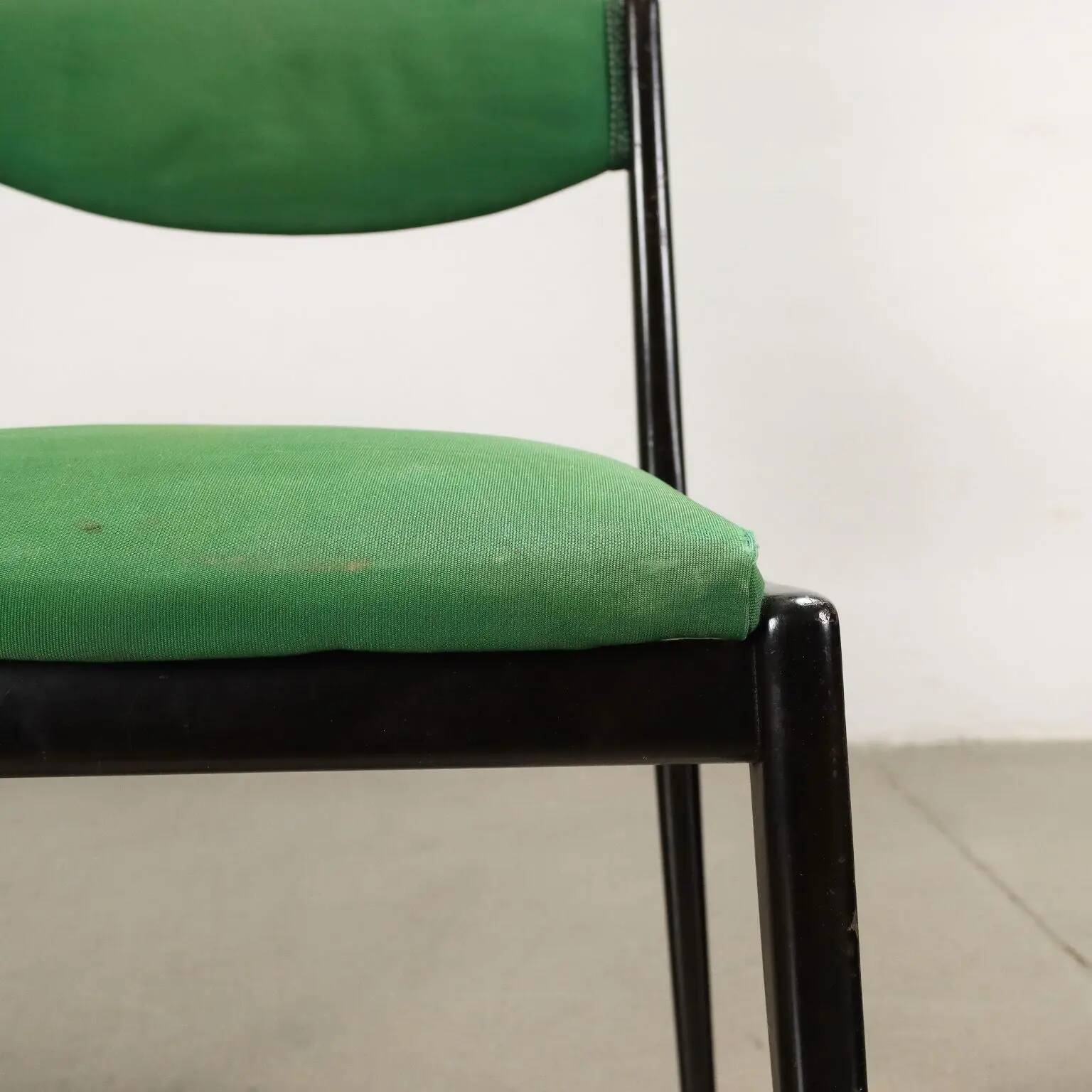 Vintage 1960s ebony wood chairs, foam padding, fabric.