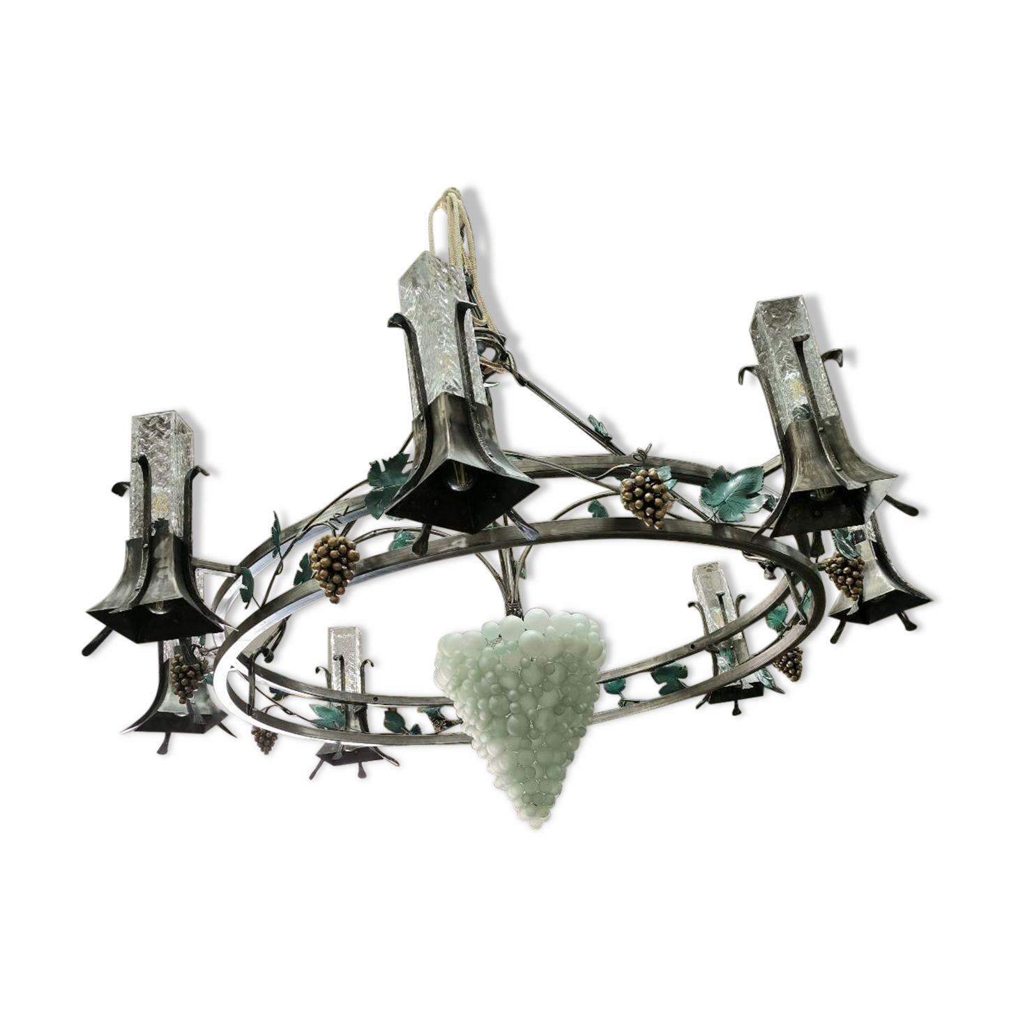 Large, heavy wrought iron and glass chandelier, circa 1980/90