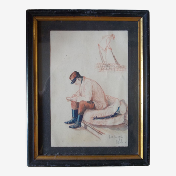 Wash 1914 hairy sitting reading and soldier with broom, red kepi, watercolor drawing, signed, frame, war