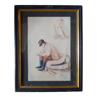 Wash 1914 hairy sitting reading and soldier with broom, red kepi, watercolor drawing, signed, frame, war