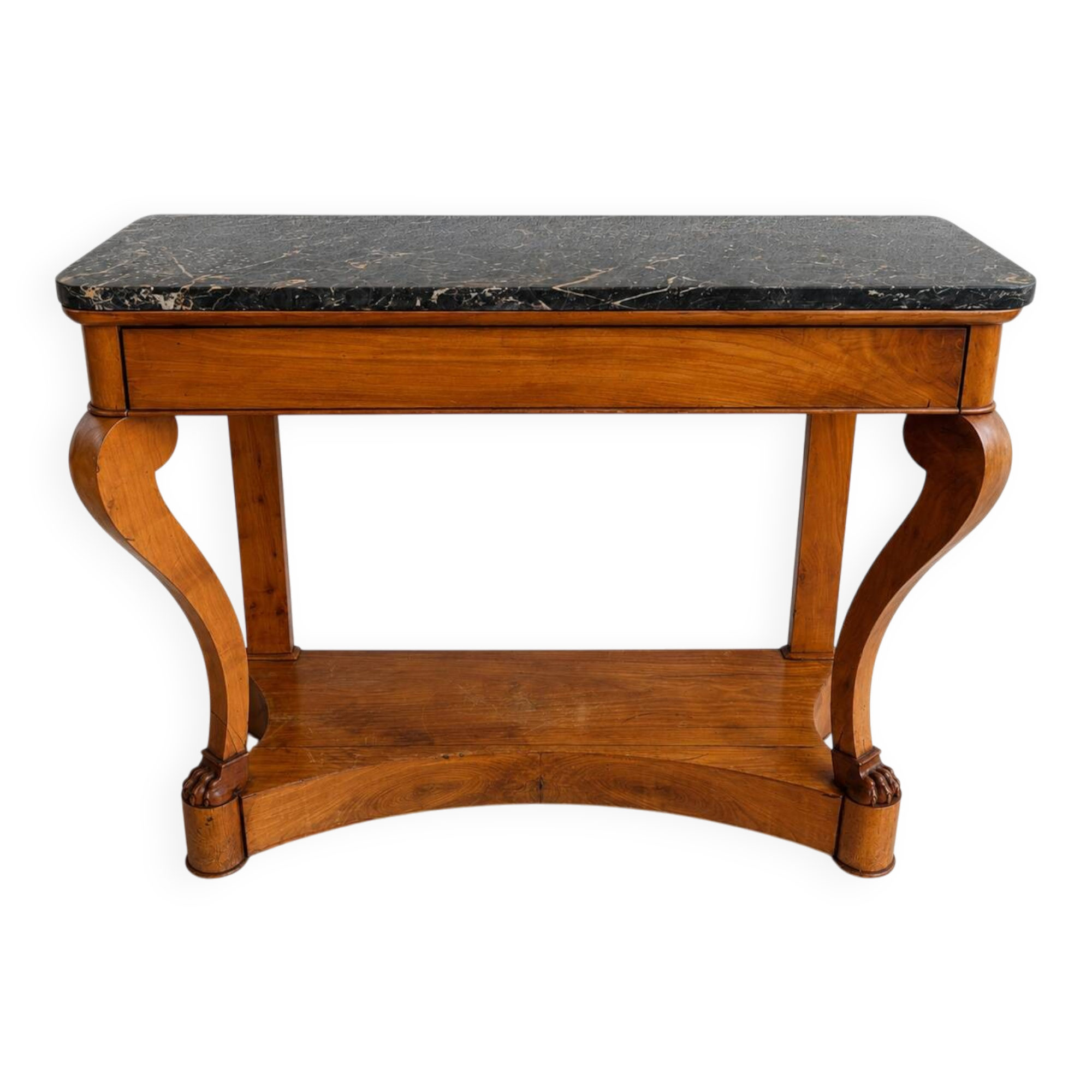 French console from the 19th century in cherry wood and black marble, with claw feet.