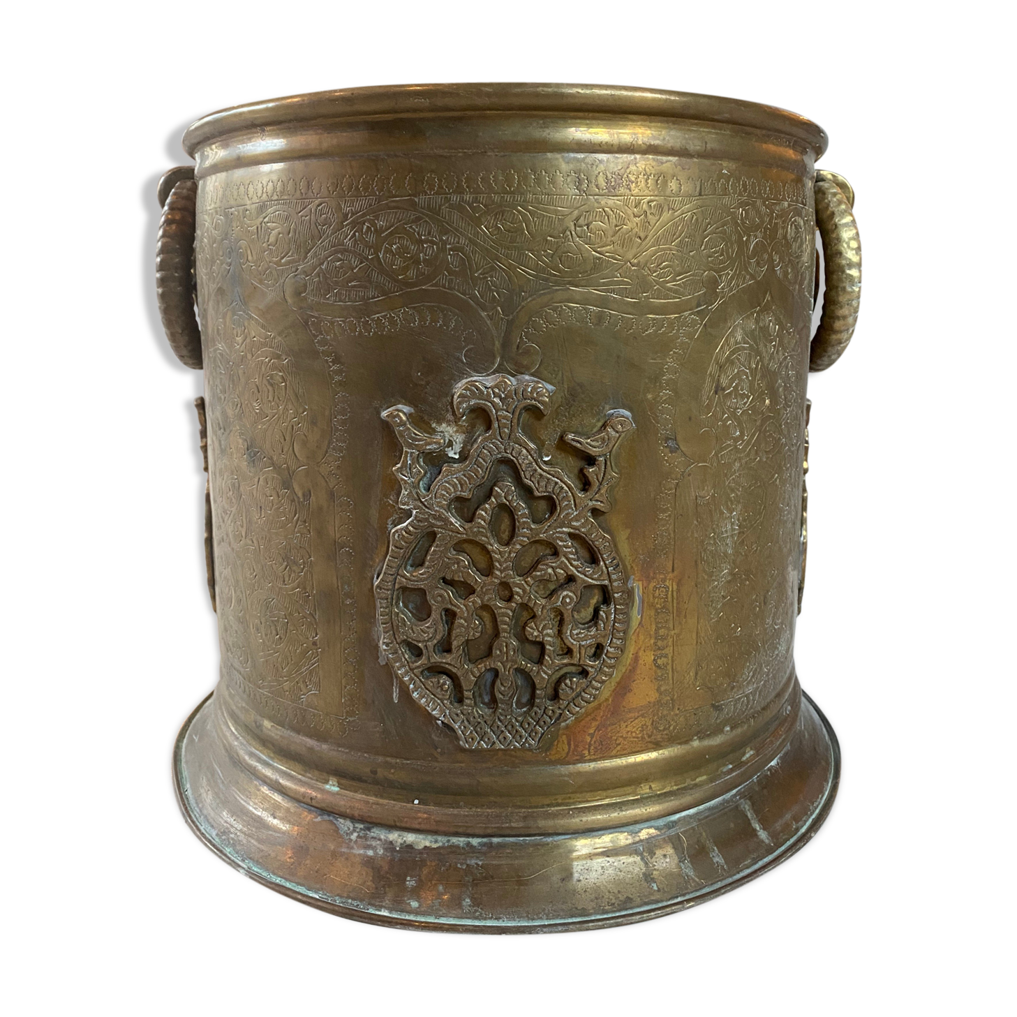 Engraved brass pot cover