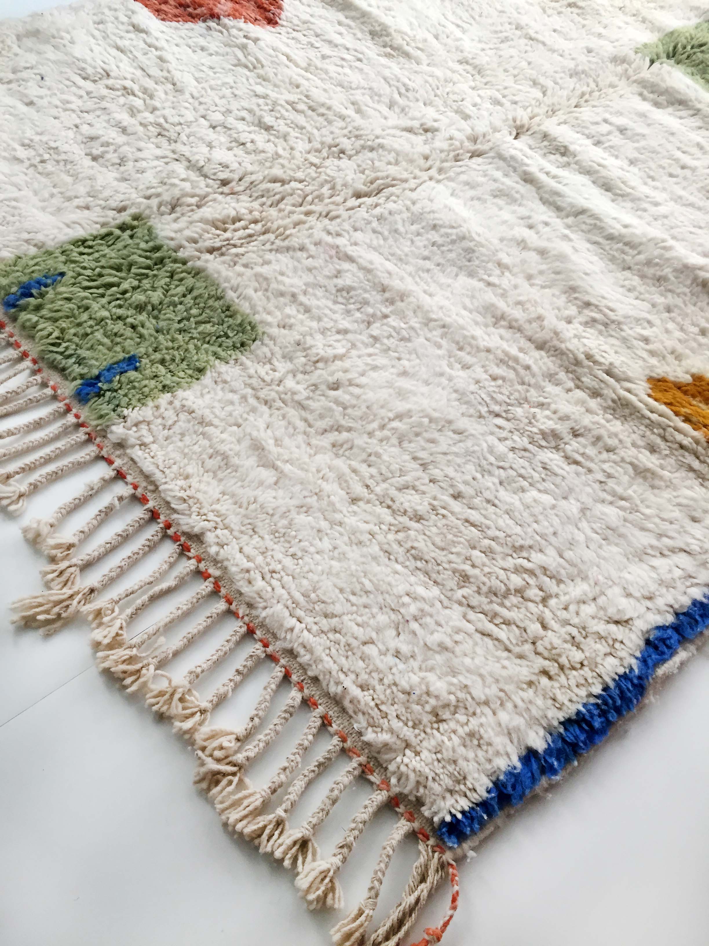 Moroccan berber carpet beni ouarain unbleached with colorful patterns 207x166cm