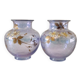 Pair of small Art Nouveau vases with enamel floral decoration.