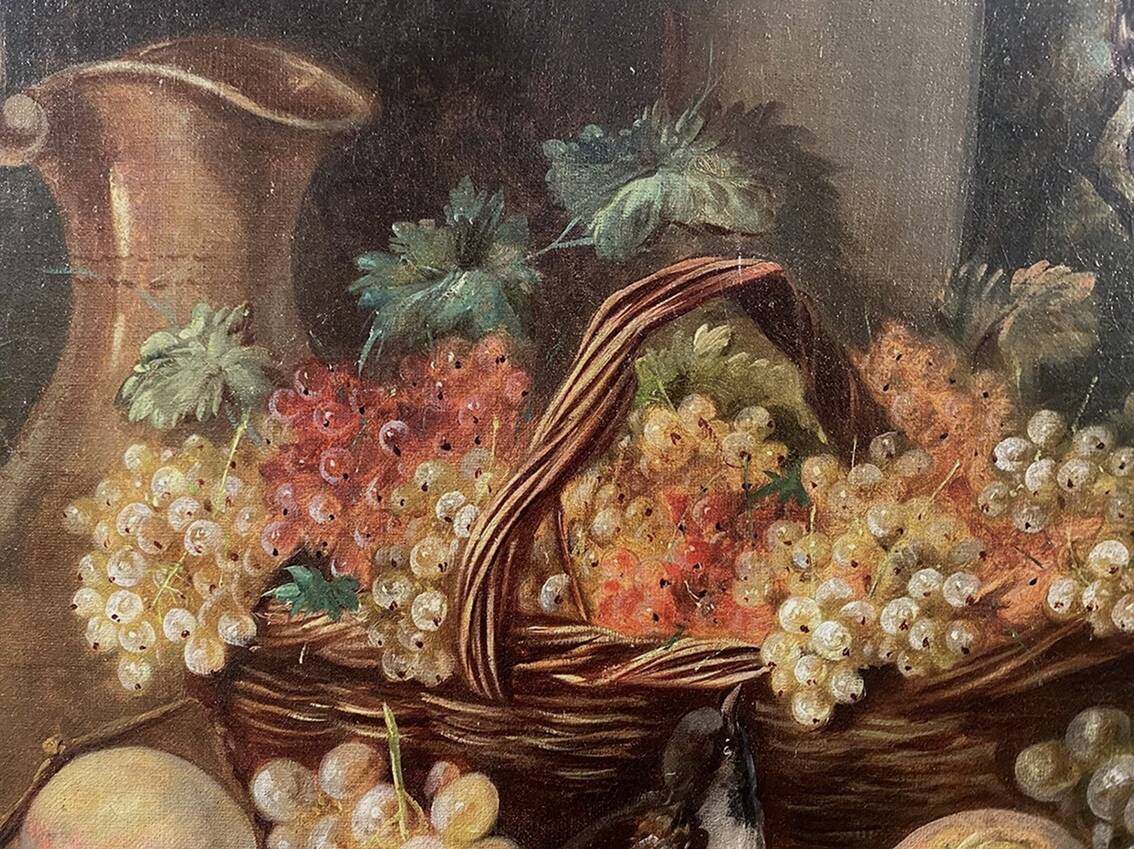 "Still Life with Fruits and Birds", oil on canvas, late 19th century.