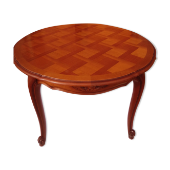 Round dining table in beech tinted cherry with 2 Louis XV style extensions