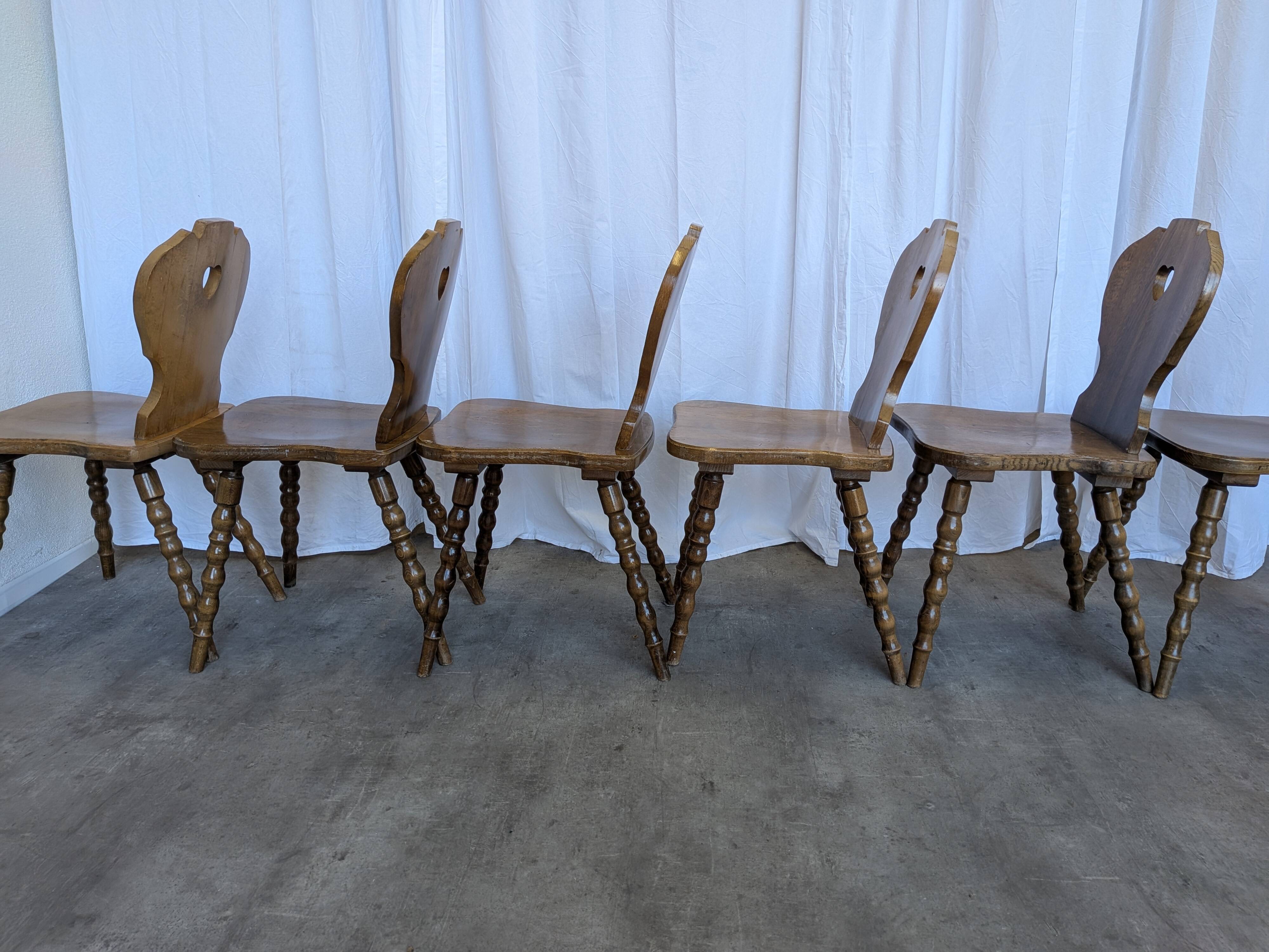Set of 6 Vintage Tyrolean Heart Cutout Wooden Dining Chairs / Darker Brown