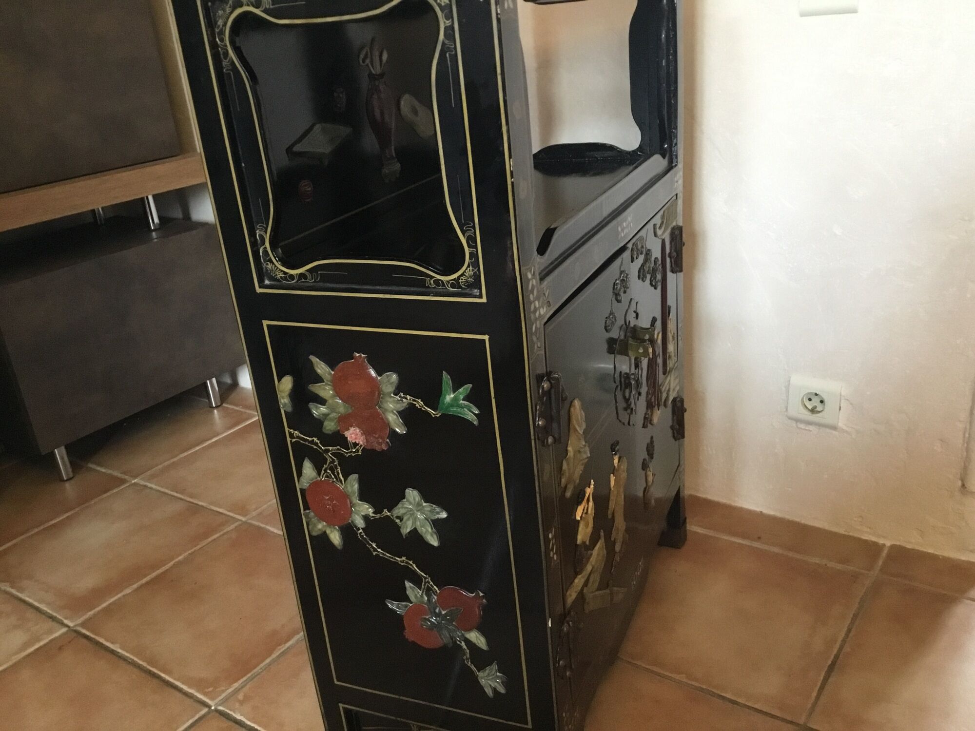 Asian laque furniture embossed motifs mother-of-pearl, stone and other