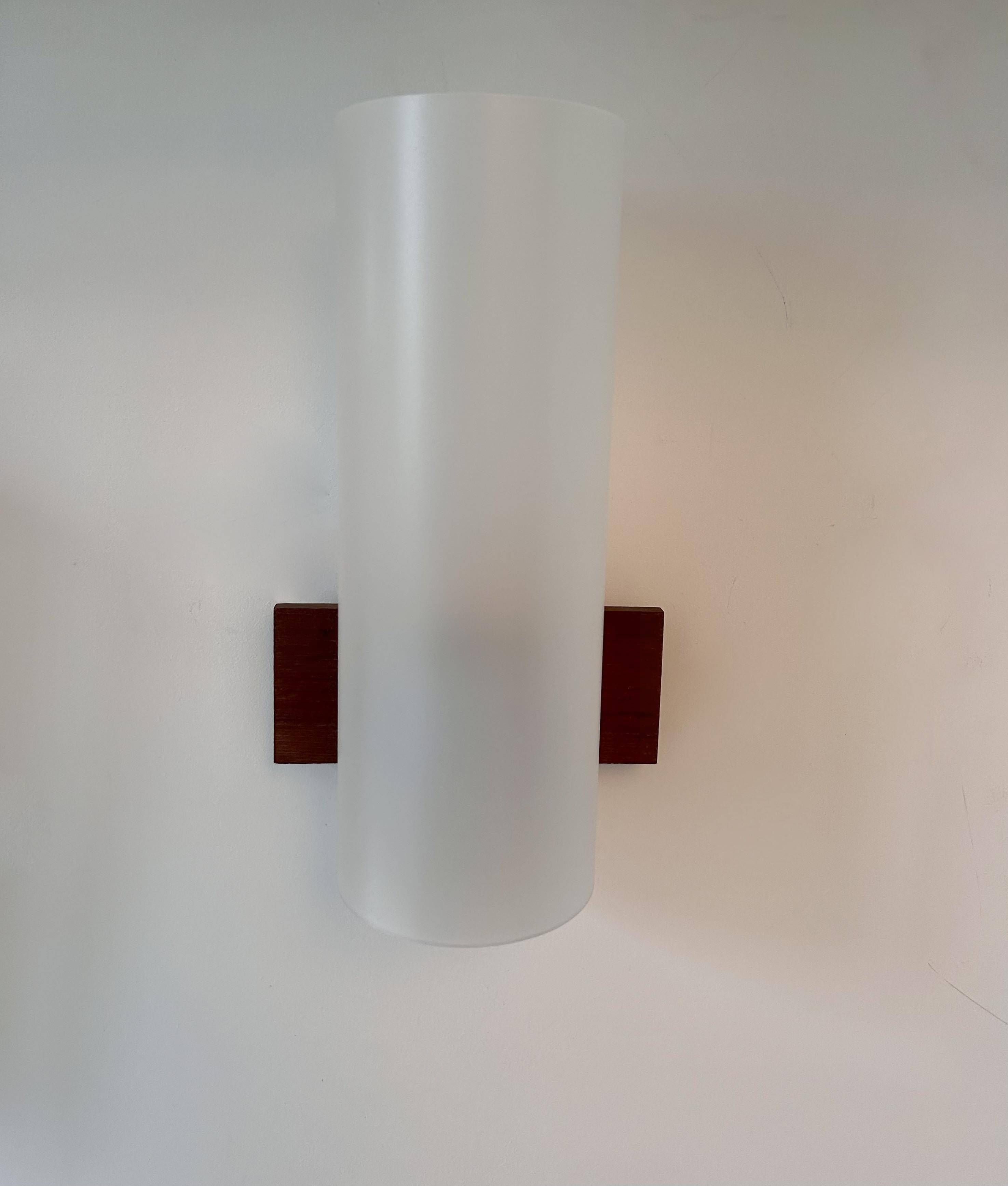 Pair of vintage wall lights, opaline perspex and teak, Doria Leucthen, Germany 1960s