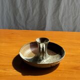 Small hand-held candle holder in two-tone brown and gray stoneware H6.5