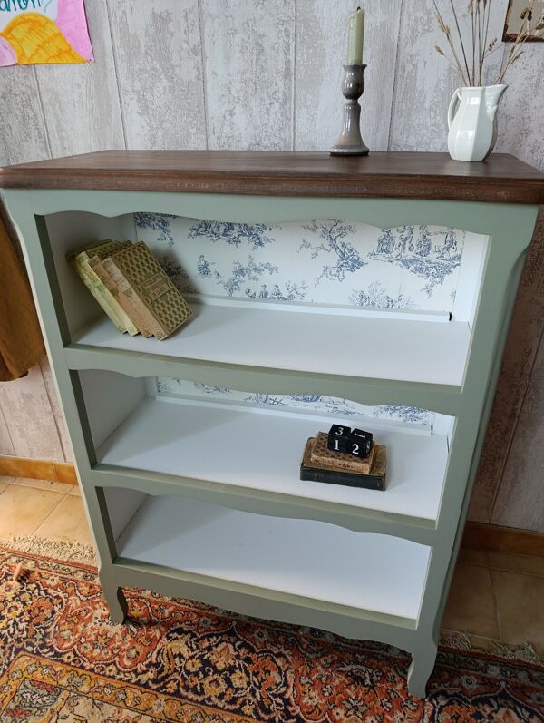 Bibus vert de gris, bois foncé et toile de Jouy