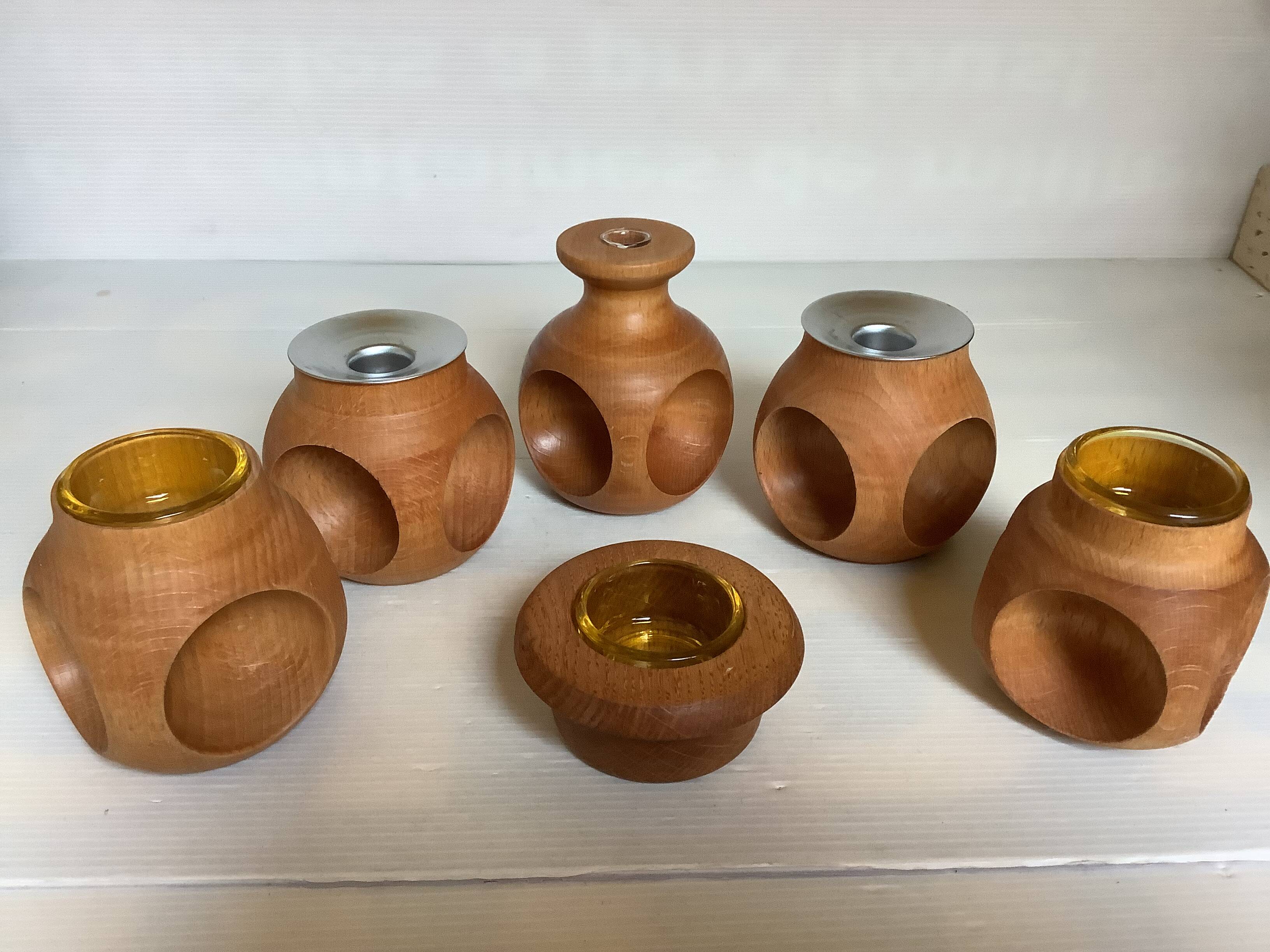 6 candle holders and a wooden vase Nopjes woodturning handmade