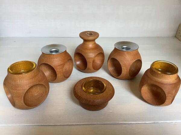 6 bougeoirs et vase en bois Nopjes houtdraaiwerk fait main