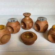 6 candle holders and a wooden vase Nopjes woodturning handmade