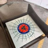 Vintage round coffee table with glass, wood and tiles