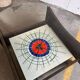Vintage round coffee table with glass, wood and tiles