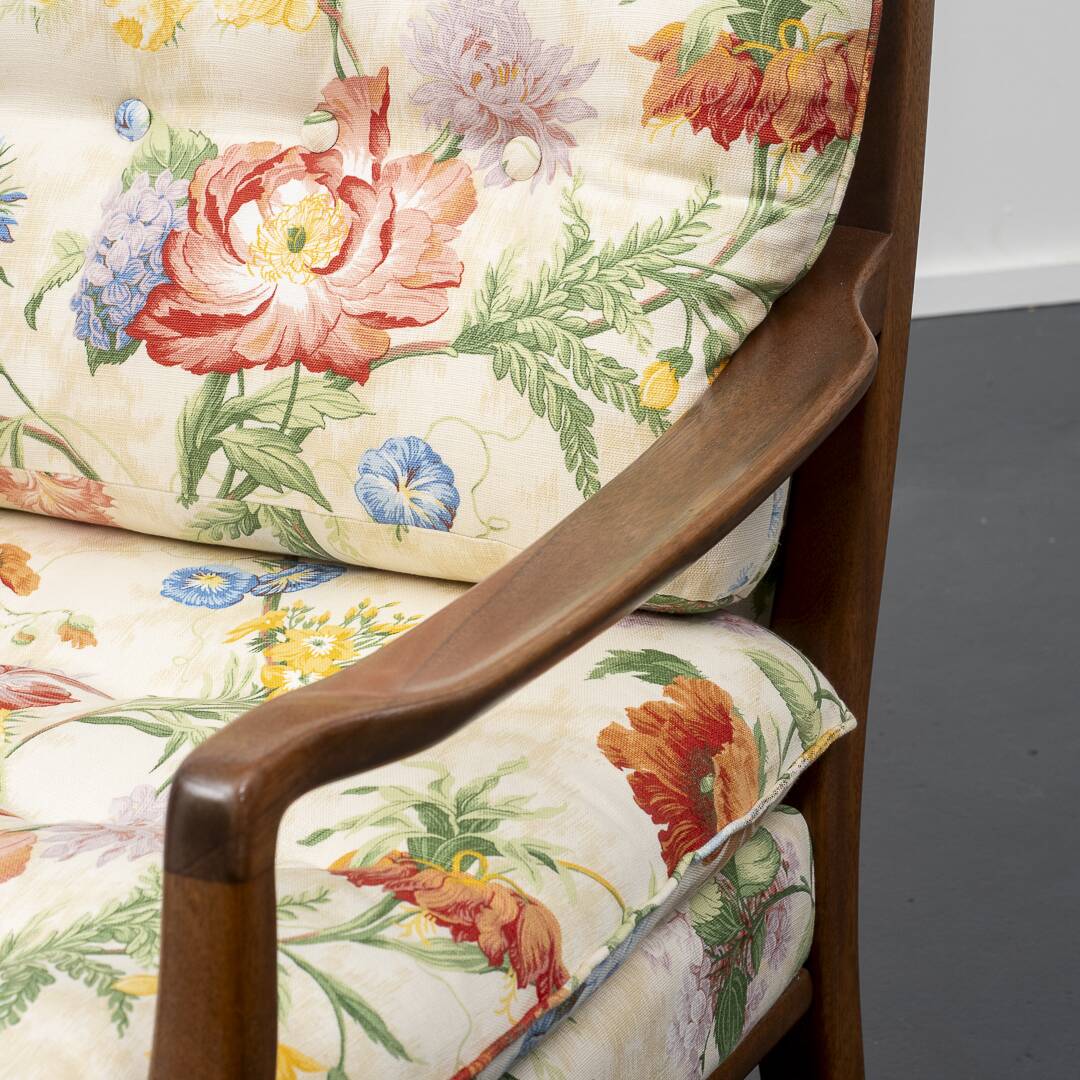 Restored 1960s armchair, floral pattern, two available.