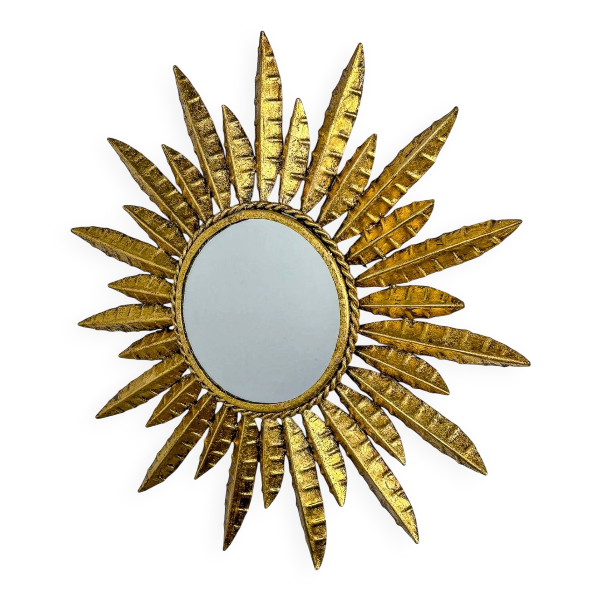 Midcentury modern sunburst wall mirror – gilt metal, France 1960s