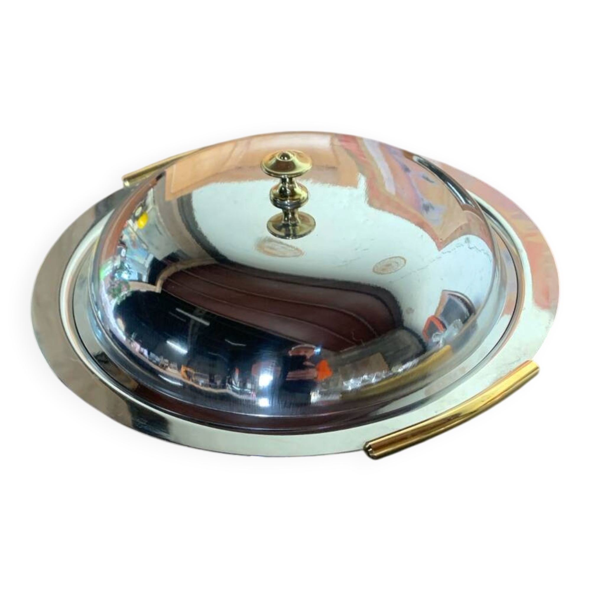 Vintage stainless steel vegetable dish AR CAS 18/10 – brass handles