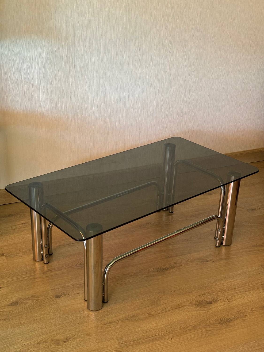 Vintage coffee table in chrome metal and smoked glass, 1970s
