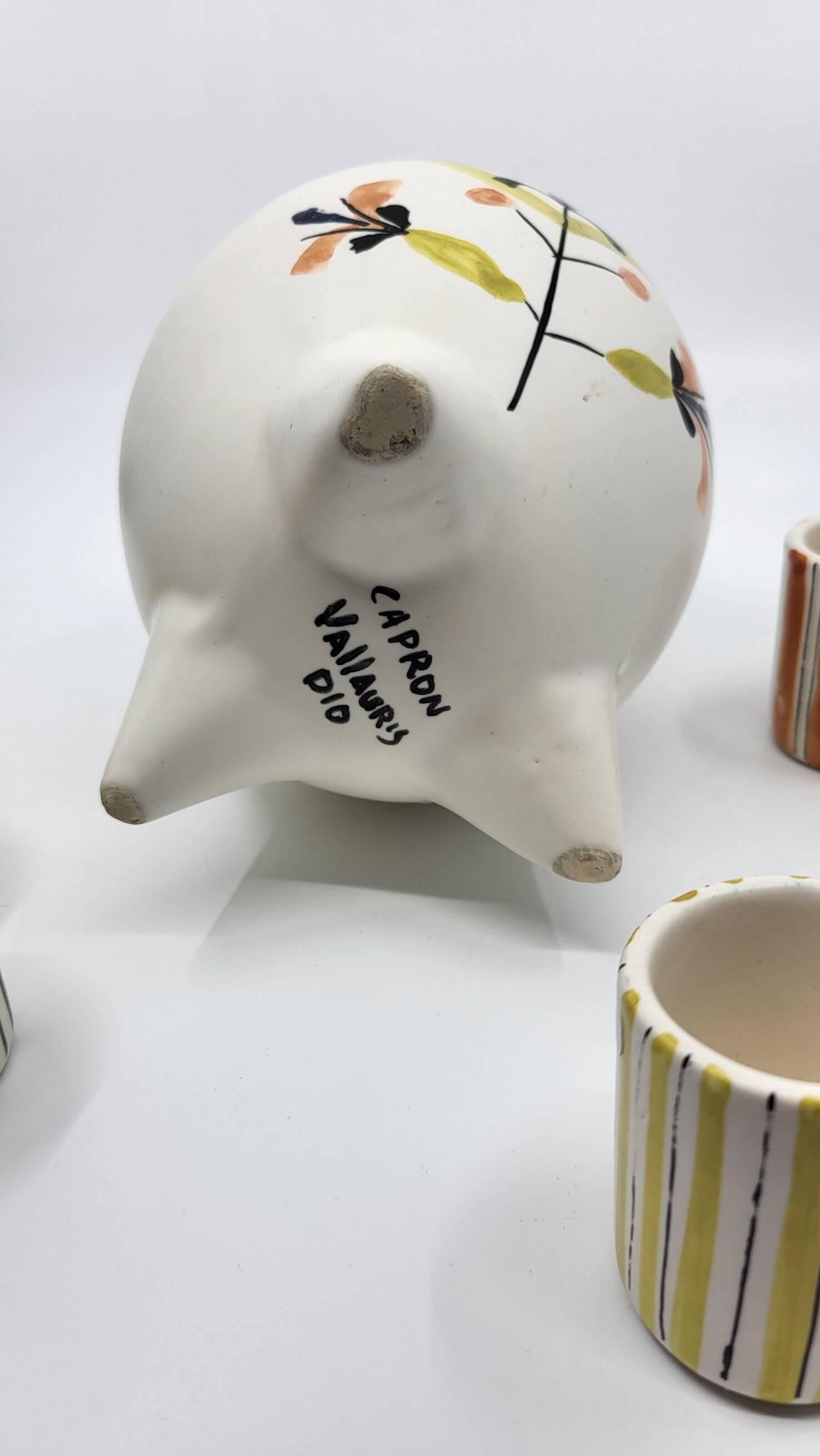 Roger Capron liqueur service bottle and 6 cups in French ceramic Vallauris